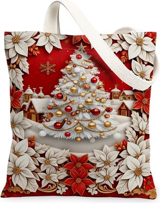 Generic Christmas Canvas Tote Bags, Festive Tree and Poinsettia Design Reusable Bags, Vintage Lightweight Washable Shoulder Strap for Holiday Travel 13x15 Inc