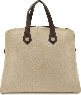 Herm&egrave;s Brown Natural Canvas Leather Handbag Tote Bag (Pre-Owned)