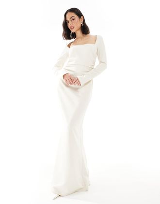 Pretty Lavish Bridesmaid long sleeve square neck crepe maxi dress in cream-Gold
