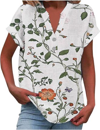 Generic Ladies Summer Tops Button Up Short Sleeve V Neck Tops Dressy Casual Hawaiian Shirts Cotton Linen Workout Holiday Tunic Blouses Loose Floral Boho Tops 
