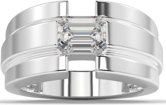 Pompeii3 2 Ct Emerald Cut Moissanite Solitaire 12mm Mens Ring White Yellow or Rose Gold