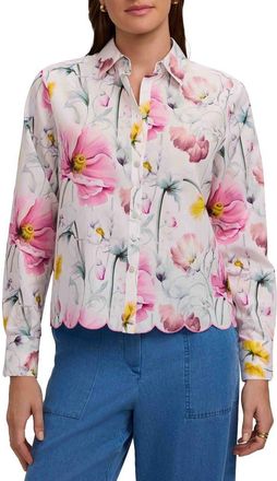 Foxcroft Scarlett Floral Scallop Hem Cotton Button-Up Shirt in Pink/Multi at Nordstrom, Size X-Large