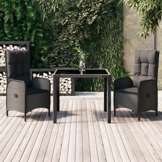 vidaXL Set Comedor De Jard&iacute;n 3 Pzas Con Cojines Rat&aacute;n Sint&eacute;tico Negro Vidaxl