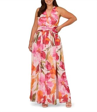 Adrianna Papell Floral Chiffon Halter Maxi Dress In Pink Orange Multi