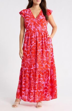 Sugarlips Rania Floral Evianna Flutter Maxi Dress in Pink-Red-Mul at Nordstrom, Size 3 X