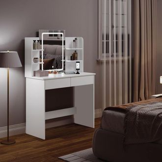 Woltu Dressing Table, 3 Color led Mirror Set, Vanity Makeup Table with 2 Drawers and Open shelves, White - Woltu
