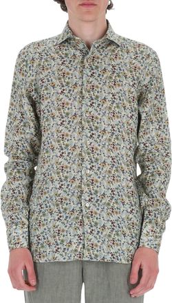 Borriello Green Flower Pattern Linen Casual Shirt
