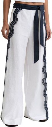 Reiss Farah Embroidered Linen Pants in Ivory/Navy at Nordstrom, Size 2 Us