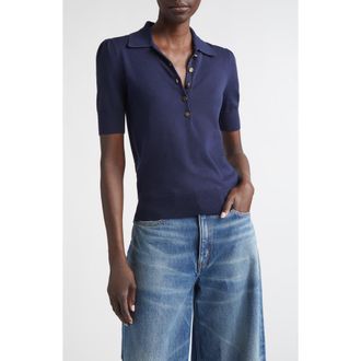 St. John Fallon Silk & Cotton Blend Polo Sweater in Midnight at Nordstrom, Size X-Small