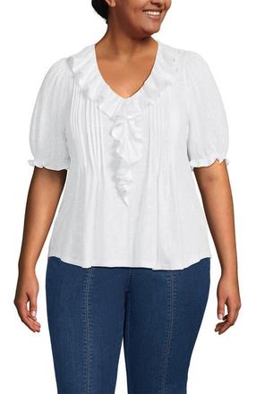 Lands End Puff Sleeve Slub Ruffle Pintuck Top in White at Nordstrom, Size 1X