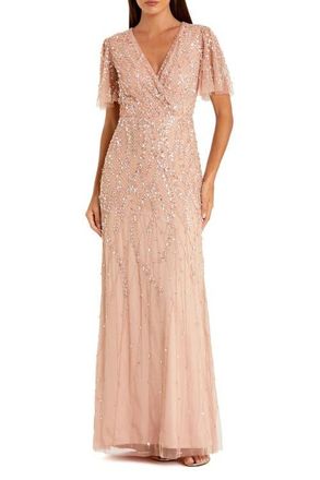 Mac Duggal Petite Embellished Flutter Sleeve Evening Gown in Nude at Nordstrom, Size 6P