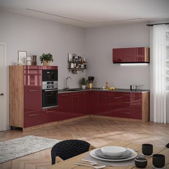 Vicco Cucina Angolare Completa Fame-line, Bordeaux Lucido/rovere Dorato, 327 X 227 Cm, Pl Rovere, Vicco