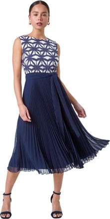 Roman Womens Petite Geometric Print Pleated Midi Dress - Navy - Size 16 UK