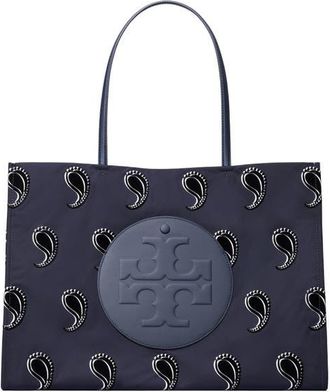 Tory Burch Ella Print Tote in Medium Navy Pajama Print at Nordstrom