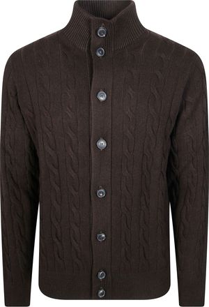 FILIPPO DE LAURENTIIS Brown Cable Knit Stand-Up Collar Bomber Jacket