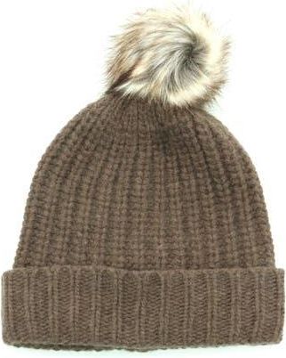 Portolano Chunky Wool Blend Beanie with Faux Fur Pompom in Sable Brown at Nordstrom Rack