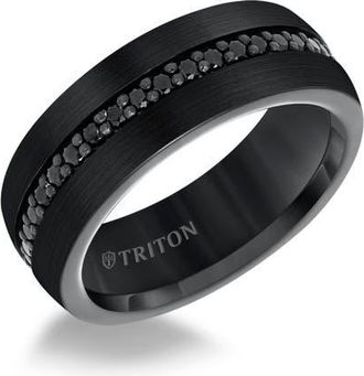 Triton 8MM Tungsten Carbide Ring Channel Set Sapphire Eternity Ring with Satin Bright Finish and Bevel Edge in Black at Nordstrom, Size 11.5
