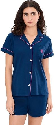 Lauren Ralph Lauren Hammond Knit Short Sleeve Collar Boxer Pajama Set Womens Pajama Sets Navy : XL (US 16-18), Cotton/Modal