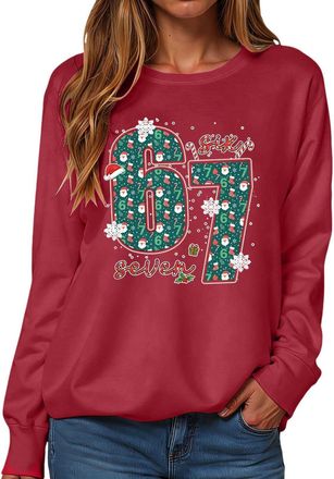 Generic Six Seven Christmas Jumpers for Women Christmas 67 Long Sleeve Sweatshirt Xmas Santa Six Seven Pullover Tops Red