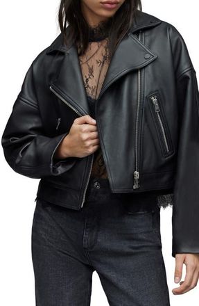 AllSaints Clarke Boxy Leather Biker Jacket in Black at Nordstrom, Size 4 Us
