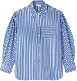 Ganni Stripe Cotton Pleated Sleeve Shirt