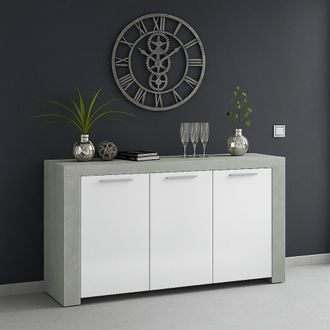 Dmora Dmora Aparador Bellevue, Aparador Moderno Con 3 Puertas, Bufet De Sal&oacute;n, Gabinete De Tv, Aparador Para Sal&oacute;n, Cm 144x42h80, Hormig&oacute;n Y Blanco, Con Emb