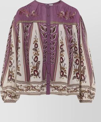 Farm Rio floral-print gathered long-sleeve blouse
