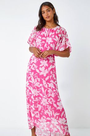 Roman Floral Frill Detail Chiffon Midi Dress
