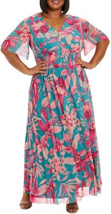 London Times Mesh Flutter Sleeve Maxi Dress in Blue/Pink at Nordstrom Rack, Size 18W