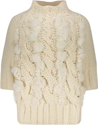 Lorena Antoniazzi Geribbelde coltrui met inzetstukken van bont - Dames - Coltruien - Beige - S - Truien & Vesten