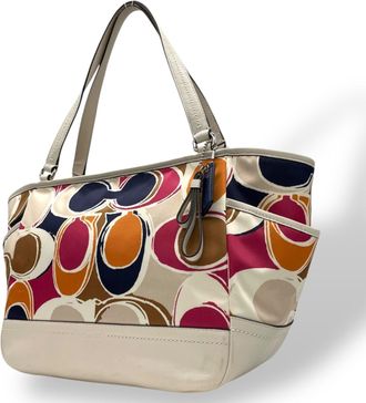 Coach Multi-Color White Nylon Leather Handbag Shoulder Bag Tote Bag (Pre-Owned)