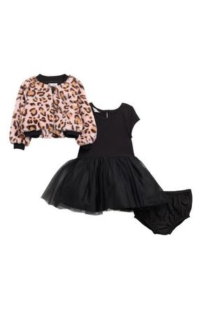 Pippa & Julie Maya Tutu Dress, Faux Fur Jacket & Bloomers Set in Pink/Black at Nordstrom, Size 12M