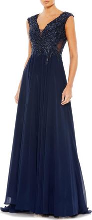 Mac Duggal Womens Floral Appliqu&eacute; Cap Sleeve A-Line Gown in Navy at Nordstrom, Size 16