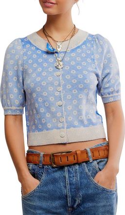 Free People Isla Puff Sleeve Crop Wool & Cashmere Blend Cardigan in Blue Combo at Nordstrom, Size X-Large