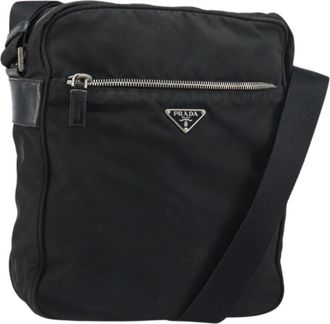 Prada Front Pocket Zip Messenger Tessuto With Saffiano Leather Black Nylon Handbag (Pre-Owned)