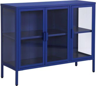 Sweeek Industrial metal and tempered glass sideboard with 3 doors 100cm, Arkansas, Blue, 100x35x80 cm