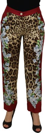 Dolce & Gabbana Womens Leopard Print Trousers Floral Side Panel - Tan
