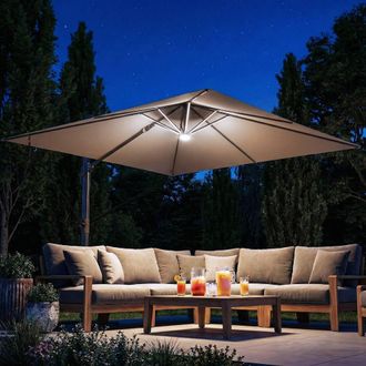 OUTSUNNY 3 x 3 m Garden Cantilever Parasol w/ Light, Cover, Wind Protection in Khaki | Size: 3m x 3m