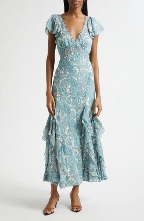 Cinq &agrave; Sept Joplin Hendrix Paisley Ruffle Detail Dress in Gardenia/blue Graphite at Nordstrom, Size 12