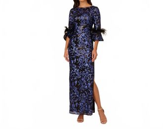 Adrianna Papell Sequin Long Formal Dress With V-Neck Back In Black Blue