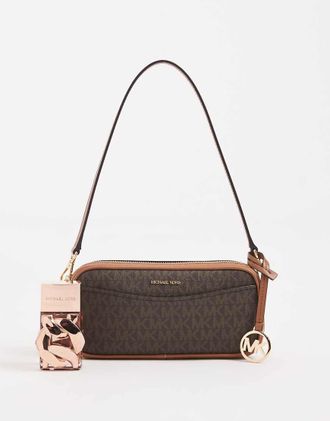 Michael Kors May - Borsa a tracolla marrone con monogramma e pochette