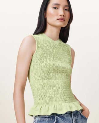 AllSaints Cotton Ode Smocked Sleeveless Tank Top, Size: UK 14/US 10