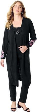 Roaman's Embroidered Duster Cardigan in Black Bloom Vine at Nordstrom, Size 12