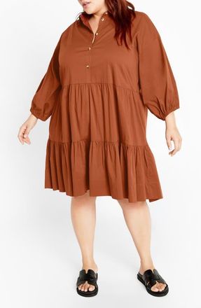 City Chic Kiara Balloon Sleeve Tiered Shirtdress in Toffee at Nordstrom, Size Xxl