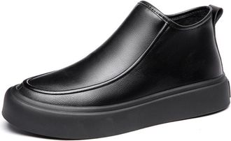 Generic Mens PU Leather Short Boots with Side Zipper Flat Heel Casual Ankle Boots Round Toe Platform Boot,Black,6.5 UK