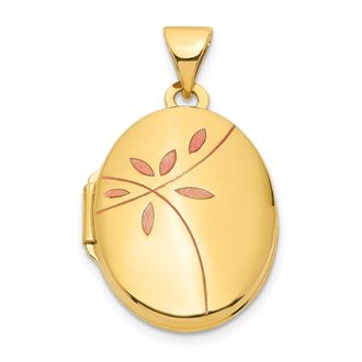 Diamond2Deal 14k Yellow Gold Enamel Leaves 19mm Oval Locket Pendant