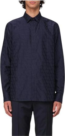 Valentino Overhemden, Heren, Blauw, 2Xl, Katoen, Blauw Jacquard Shirt met Lange Mouwen