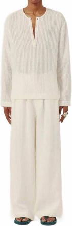 Commas Sheer Stripe Linen Woven Henley Top In White