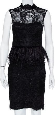 Alice & Olivia Alice + Olivia Black Embellished Lace & Feather Trim Patricia Peplum Dress