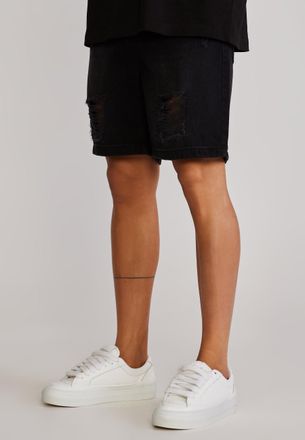 Siksilk Mens Washed Black Distressed Denim Shorts 38